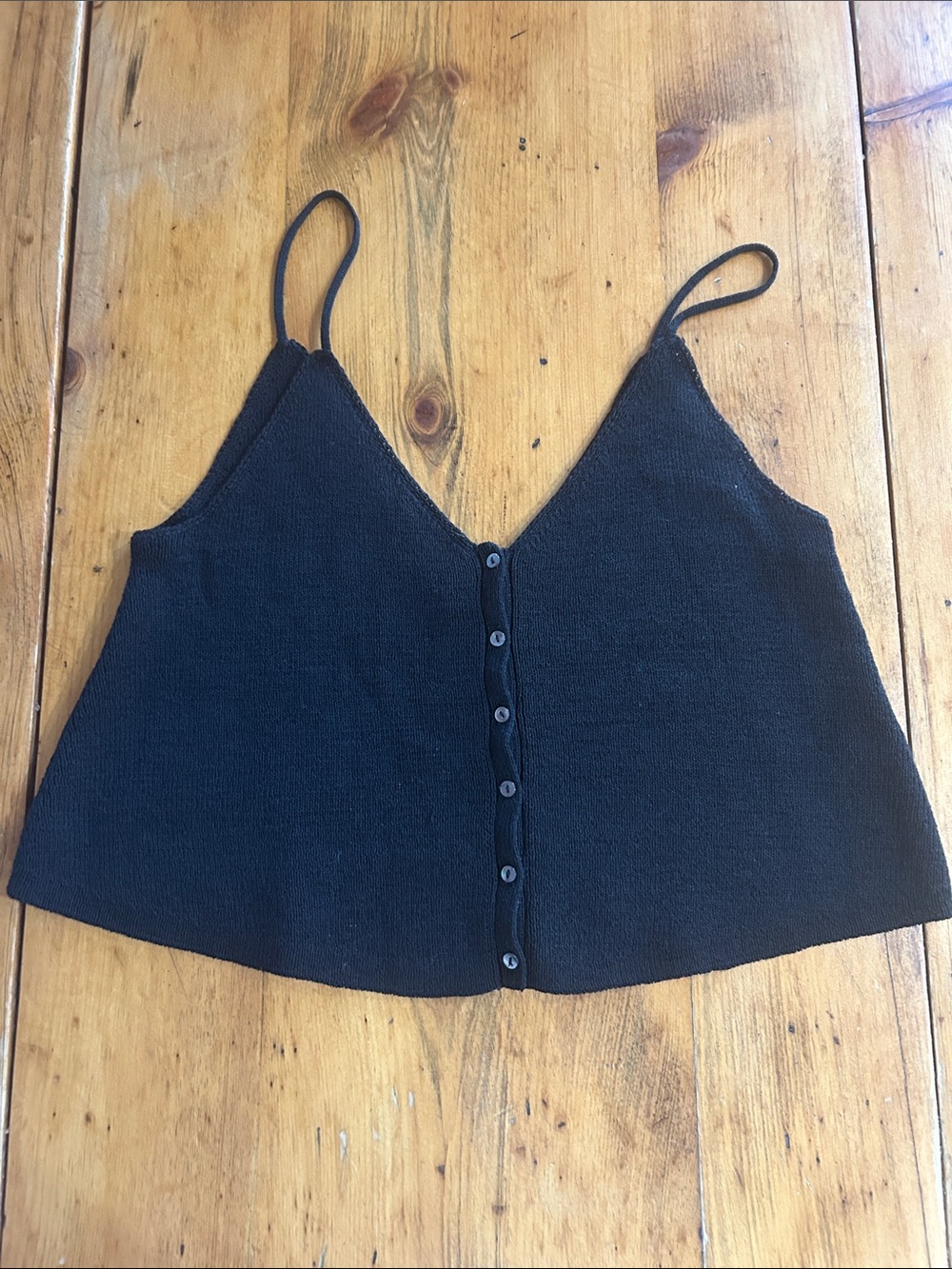 INTERMIX Black Button-Front Spaghetti Strap Crop Camisole Knitted